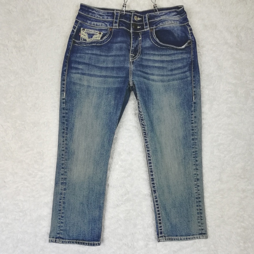 Vigoss Womens Jeans Capri Blue Denim Stone Wash Mid Rise Whiskering 8